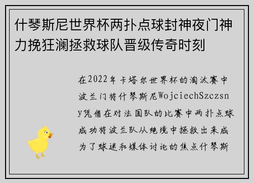 什琴斯尼世界杯两扑点球封神夜门神力挽狂澜拯救球队晋级传奇时刻