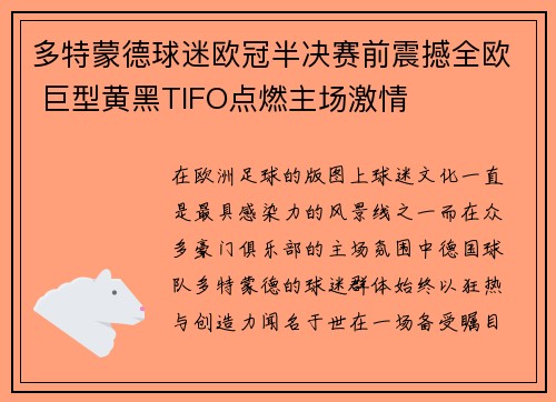 多特蒙德球迷欧冠半决赛前震撼全欧 巨型黄黑TIFO点燃主场激情 多特蒙德球迷欧冠半决赛前震撼全欧 巨型黄黑TIFO点燃主场激情